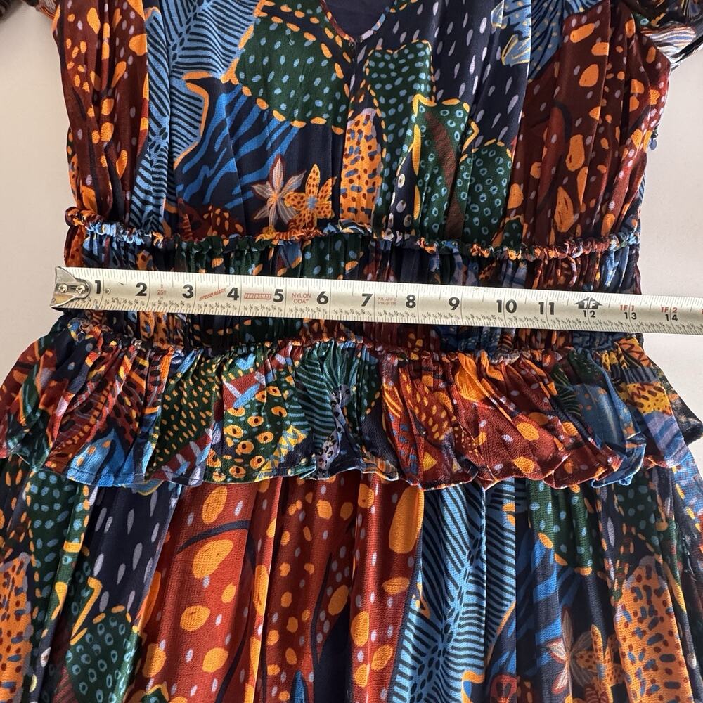 Farm Rio Blue Cool Leopard Print Ruffle Maxi Dress Small Belted V Neck Sun Wear - Picture 13 of 16